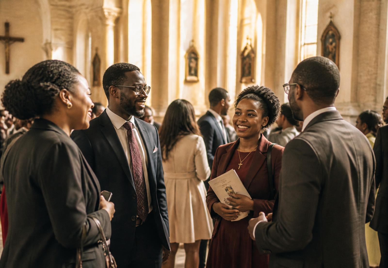 Young Catholic professionals gathered in a sunlit church nave